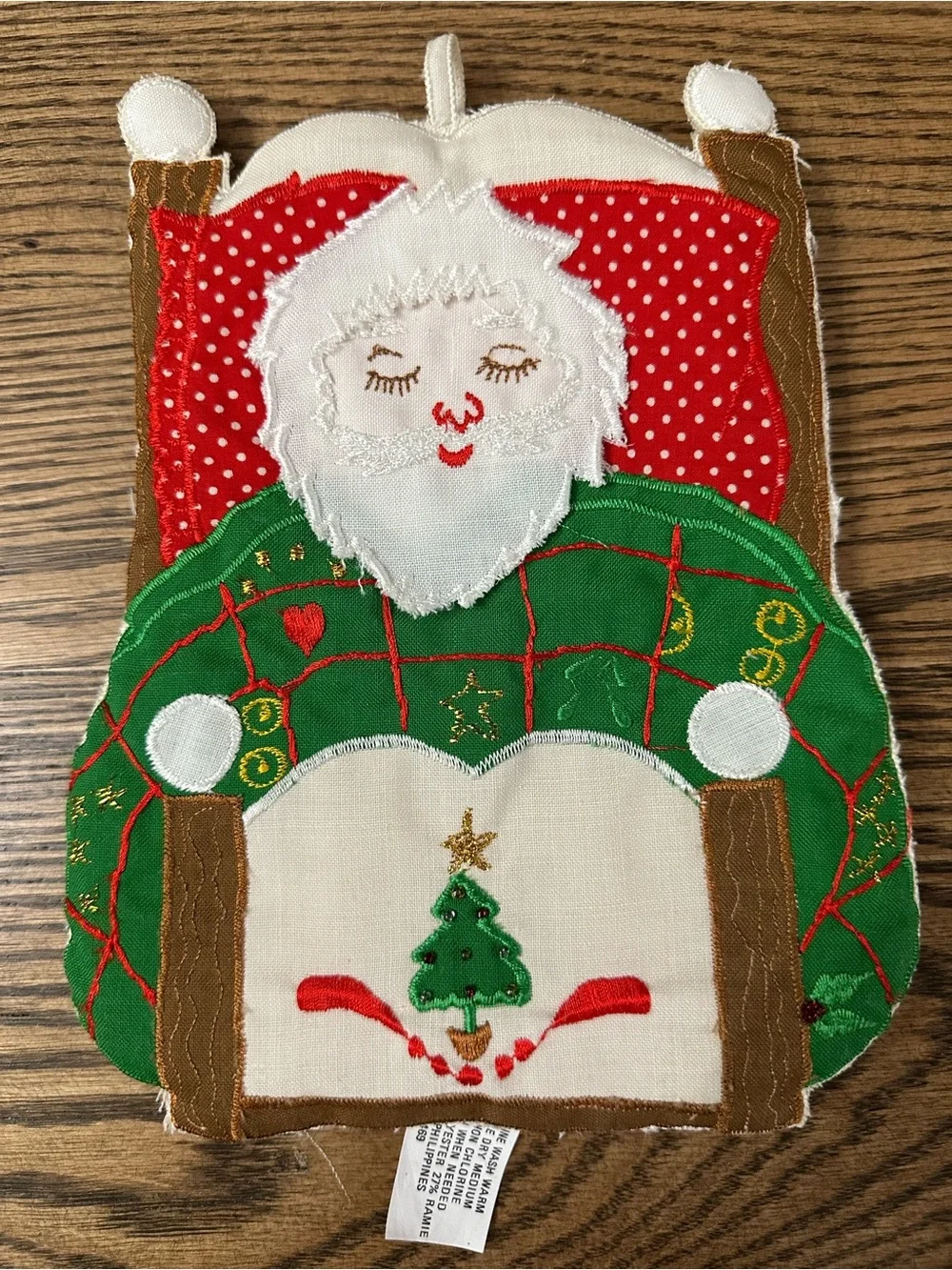 Rare Vintage Holiday Santa Decorative Pot Holder - Green & Red and Embellished